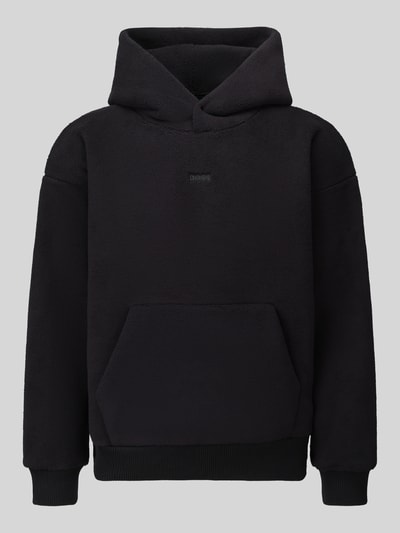 Produktfoto, Regular Fit Sweatshirt mit Teddyfleece-Kapuze von BOSS, unifarben schwarz, Kängurutasche, Logo-Detail, Fleece und Rippstrick