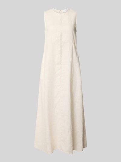Produktfoto, Relaxed Fit Midikleid aus reinen Leinen von Jake*s Collection in Creme mit Rundhalsausschnitt und Ärmelloses-Design, glatte Leinen-Textur, Rückenlänge 126 cm, Brustweite 47 cm bei Größe 36.