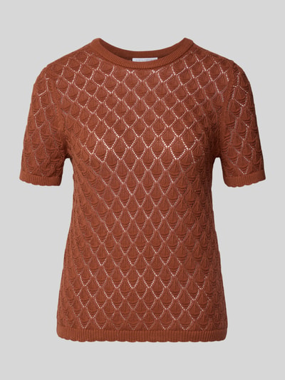 Produktfoto, Strickshirt mit Lochstickerei von Jake*s Collection aus bawełniany mix, prosty krój, okrągły dekolt, półrękaw, kolor brązowy, długość tyłu w rozmiarze S: 52 cm, długość rękawa w rozmiarze S: 21 cm
