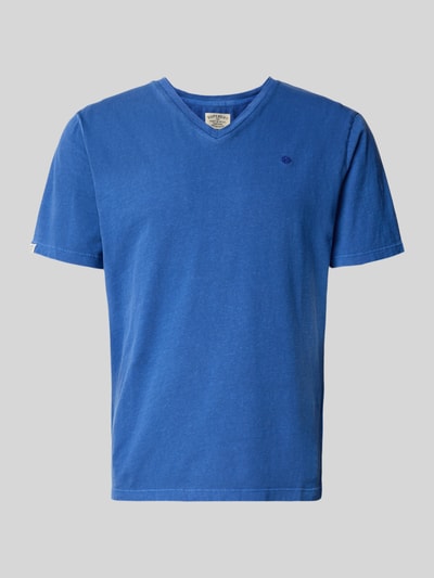 Produktfoto, T-Shirt aus Baumwoll-Leinen-Mix mit V-Ausschnitt von Superdry, leuchtend blau, Regular Fit, sichtbares Stitching, Vorderansicht.
