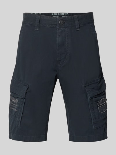 Produktfoto, Bermudas mit Pattentaschen und Label-Stitchings von PME Legend, Dunkelblau mit Knopf-Reißverschluss, Straight Fit, seitliche Eingrifftaschen, Pattentaschen mit Klettverschluss, Motiv- und Label-Stitchings, Gesäßtaschen, Label-Details, Bundweite 41 cm, Innenbeinlänge 26 cm für Herren.