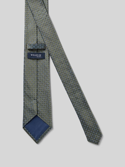 Produktfoto, Seidenkrawatte aus reiner Seide (7,5 cm) von Willen, fakturowany wzór, detal z logo, szerokość w rozmiarze 1: 8 cm, zielono-niebieska kolorystyka