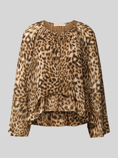 Productfoto, Regular Fit Bluse im Allover-Look mit Schnürung van MICHAEL Michael Kors, bruin met beige luipaardprint, ronde hals, vloeiende stof, lengte 61 cm, mouwlengte 71 cm