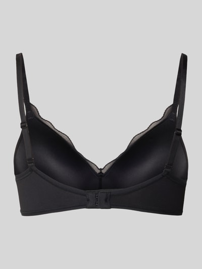 Produktfoto, schwarzer Slim Fit Push-Up BH mit Spitzenbesatz Modell 'Go Blush' von Sloggi, verstellbare Schulterriemen, glatte Textur.