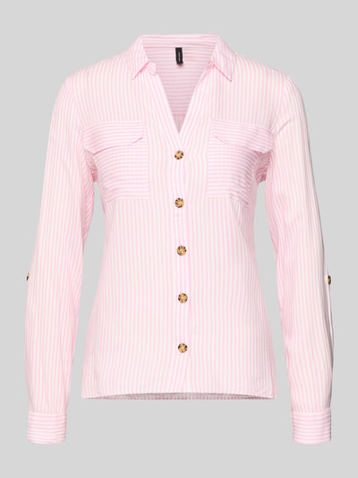 Produktfoto, Relaxed Fit Hemdbluse aus reiner Viskose Modell 'BUMPY' van Vero Moda, roze-wit gestreept met borstzakken, afgeronde zoom.