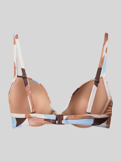 Produktfoto, Bikini-Oberteil mit Label-Applikation Modell 'BREEZY' von Marc O'Polo in Beige, Weiß, Blau und Braun mit abstraktem Allover-Muster, Spaghettiträgern, Stretch-Material und Klickverschluss.