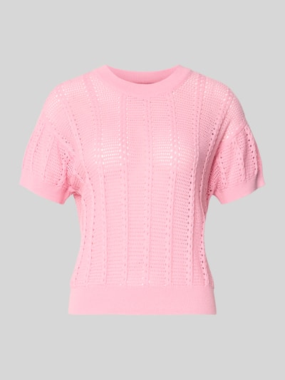 Produktfoto, Relaxed Fit Strick-Shirt aus Baumwoll-Mix Modell 'LUX LIGHT' von Vero Moda w kolorze różowym, jednolity, z krótkim rękawem, okrągły dekolt, wzór ażurowy, ściągacze na rękawach i dole, materiał bawełniany