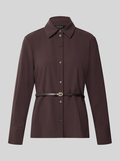 Produktfoto, Hemdbluse mit integriertem Gürtel von Armani Exchange in Dunkelbraun, taillierte Passform, Hemdblusenkragen, Langarm, strukturierte Oberfläche