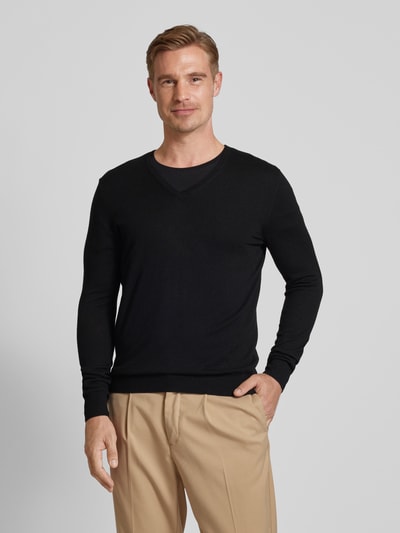 OLYMP Level Five Slim fit gebreide pullover met ribboorden Zwart - 4