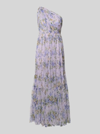 Produktfoto, Regular Fit avondjurk met ruches van LACE & BEADS in lichtpaars mesh, getailleerd, one-shoulder design, bloemen all-over print, ruglengte maat S 152 cm, borstwijdte 63 cm