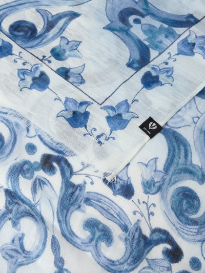 Productfoto, Schal mit Logo-Detail van Fraas, rechthoekig, hennep-mix met katoen, bloemenprint in blauw, label aan de rand, 57 cm breed