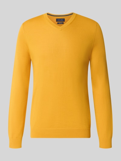 Productfoto, Strickpullover aus Woll-Mix mit V-Ausschnitt van Christian Berg Men, gele kleur, regular fit, ribboorden, wolmix, heren