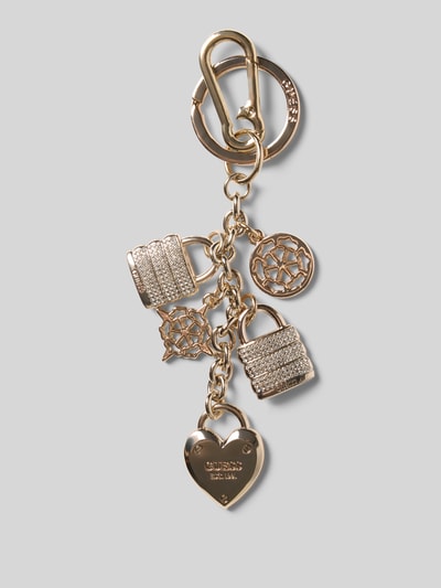 Productfoto, Sleutelhanger met Ziersteinbesatz van GUESS in goudkleur met reliëflogo, Karabijnhaak, bloemdetails en siersteentjes