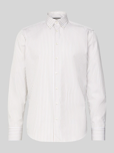 Produktfoto, Regular Fit Business-Hemd mit Knopfleiste von Christian Berg Men aus reiner Baumwolle, feine Streifen, Button-Down-Kragen, neutrale Farben.