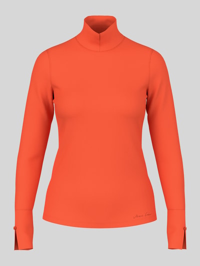 Produktfoto, Longsleeve mit Stehkragen und Zierknöpfen von Marc Cain aus Baumwoll-Elasthan-Mix, schlanker Schnitt, leuchtendes Orange.