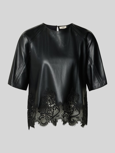 Produktfoto, Blusenshirt in Leder-Optik mit Spitzenbesatz Modell 'LONDON' von SUNCOO PARIS, Schwarz, Rundhalsausschnitt, Regular Fit