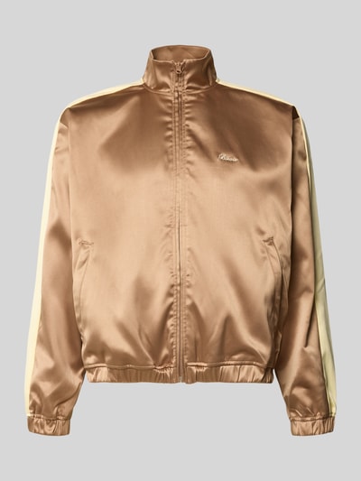Produktfoto, Schimmernde Trainingsjacke mit Label-Stitching von BLKVIS für Herren, Schimmernd, Stehkragen, Regular-Fit, Reißverschluss, Rückenlänge 61 cm, Ärmellänge 63 cm, Trainingsjacken-Stil, glänzend gold-beige mit glatter Struktur und farblich abgesetztem Streifen auf der Ärmelinnenseite