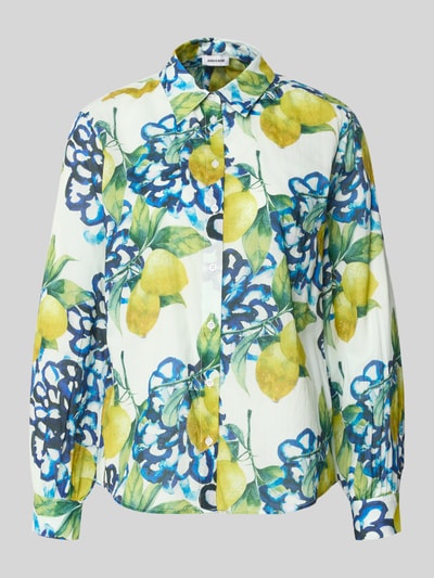 Produktfoto, Regular Fit Hemdbluse mit floralem Allover-Print von More & More aus reiner Baumwolle, Knopfleiste, Hemdblusenkragen, Sportmanschetten, langärmelig, florale Muster in Blau, Gelb und Grün, Rückenlänge 64 cm, Ärmellänge 60 cm, Größe 36, strukturierte Oberfläche
