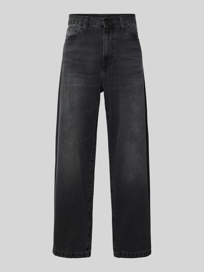 Produktfoto, Jeans im 5-Pocket-Design Modell 'Landon' von Carhartt Work In Progress, Herren Straight Fit, reine Baumwolle, schwarze Waschung, sichtbarer Knopf- und Reißverschluss, Gürtelschlaufen, Bundweite 44 cm, Innenbeinlänge 77 cm.