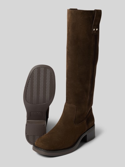 Produktfoto, donkerbruine Stiefel aus Leder mit Blockabsatz van BIANCO, structuurzool, afgerond model, hakhoogte 5 cm, schachthoogte 41 cm, schachtbreedte 20 cm