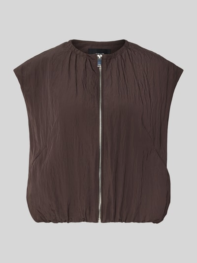 Productfoto, donkerbruine boxy fit bodywarmer van viscosemix model 'Werina' van OPUS, dames bodywarmer, gladde structuur, zonder achtergrond