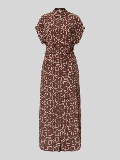 Produktfoto, Midikleid aus Viskose mit Bindegürtel von Gant in Braun mit weißem Muster, Taillierter Schnitt, Hemdblusenkragen, verdeckte Knopfleiste, reine Viskose, Bindegürtel, Rückenlänge 130 cm, Brustweite 53 cm, Ärmellänge 10 cm, Damen
