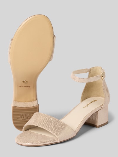 Produktfoto, Sandaletten mit Blockabsatz von Tamaris in Beige, schimmernd, Allover-Muster, strukturierte Sohle, abgerundete Schuhspitze, Klettverschluss, Label-Prägung, Effektgarn.