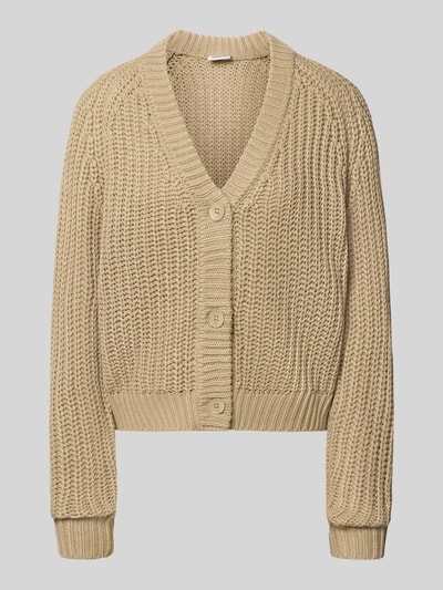 Produktfoto, Relaxed Fit Cardigan in Strick-Optik Modell 'CHARLIE' von NOISY MAY®, beige Farbe, grobe Strickstruktur, V-Ausschnitt, drei Knöpfe, Damen Cardigan, Rückenteil etwa 30 cm, Ärmel etwa 70 cm