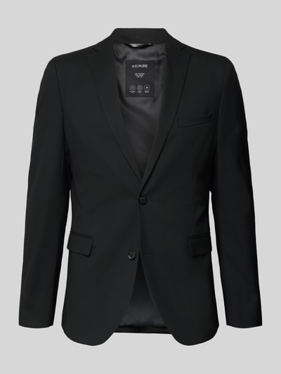Produktfoto, unifarbenes schwarzes 2-Knopf-Sakko mit Reverskragen Modell 'Pure' von s.Oliver BLACK LABEL, glatte Textur, Pattentaschen und Brustleistentasche, Regular Fit, Material-Mix mit Viskose-Anteil.