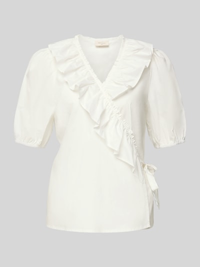 Productfoto, witte Wickelbluse met rüschen model 'Malay' van FREE/QUENT, rechte fit, zuivere katoen, V-hals, halve mouw, gladde textuur