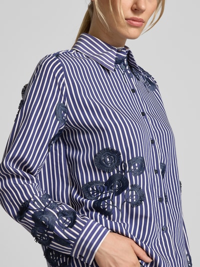 Milano Italy Regular fit overhemdblouse van viscosemix met florale stitching Marineblauw - 3