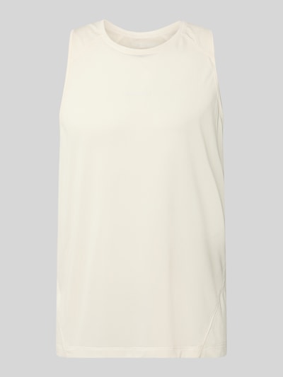 Produktfoto, Tanktop mit Rundhalsausschnitt und Logo von Salomon in Beige, glatte Struktur, Regular Fit, Rückenlänge bei Größe M 69 cm.