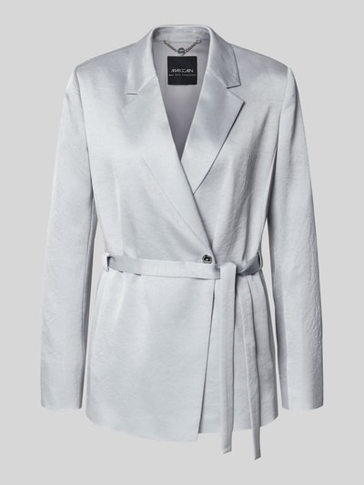 Produktfoto, Blazer in hellem Silberton mit leicht schimmernder Oberfläche und Bindegürtel von MCNEAL, strukturierte Textur.