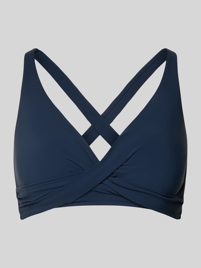 Produktfoto, dunkelblaues Bikini-Oberteil mit Knotendetail, V-Ausschnitt, körpernahe Passform, Modell 'SOLID' von Barts, glatte Textur