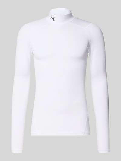 Produktfoto, weißes Slim Fit Sport-Langarmshirt mit Logo-Stitching von Under Armour, glatte Textur, Herren Sport-Langarmshirt