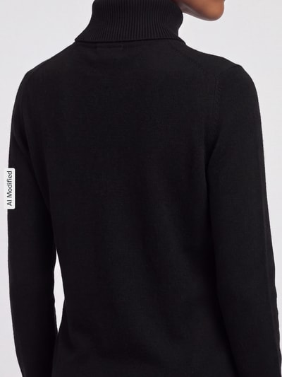 Frauenmodel trägt schwarzen Regular Fit Rollkragenpullover aus Woll-Mix von GANT, glatte Textur, Ganzkörperansicht Rückansicht, KI-modifiziertes Bild.