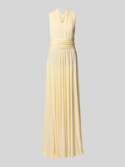 Produktfoto, Abendkleid mit rückseitiger Bindung und V-Ausschnitt von Rose Avenue in Hellgelb, Taillierter Schnitt, Maxikleid, Drapierungen, fließende Textur, Rückseite mit überkreuzten Trägern, Rückenlänge bei Größe S 22 cm, Brustweite 34 cm.