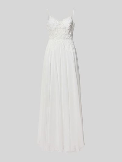 Produktfoto, Maxikleid mit Stitchings und rückseitiger Schnürung von LUXUAR FASHION, weiß, A-Linie, Chiffon, Spaghettiträger, strukturierte Spitze