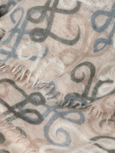 Produktfoto, Schal aus reinem Kaschmir von Hemisphere, semitransparent, rechteckig, ausgefranste Abschlüsse, Muster in Beige und Blau.