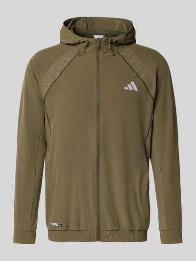 Produktfoto, Regular Fit Trainingsjacke mit Kapuze von adidas Training in Optik: Unifarben, Label-Print, Reißverschluss, CLIMACOOL Technologie, seitliche Eingrifftaschen, Stehkragen mit Tunnelzug, elastische Langarm- und Rumpfabschlüsse, glatte Textur.