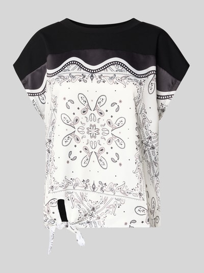 Produktfoto, Blusenshirt mit Knotendetail von Christian Berg Woman Selection aus Satin im Regular-Fit mit Rundhalsausschnitt, Rückenlänge 52 cm bei Größe 36, schwarz-weiß gemustert mit glatter Satin-Haptik.