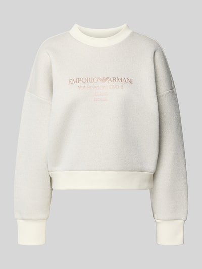 Produktfoto, Oversized Sweatshirt mit gerippten Abschlüssen von Emporio Armani aus Baumwoll-Viskose-Mix, offwhite, Label-Print, Rundhalsausschnitt.