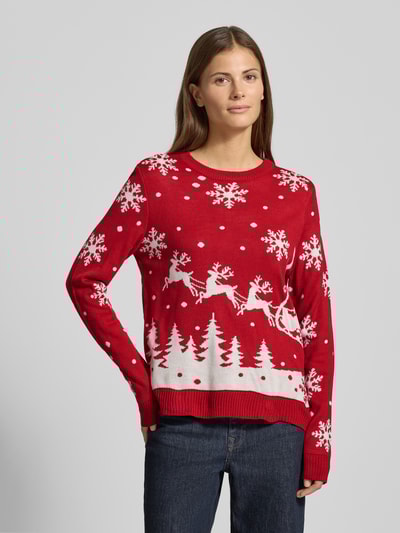 Vila Strickpullover mit Rundhalsausschnitt Modell 'SNOWI' Rot 4