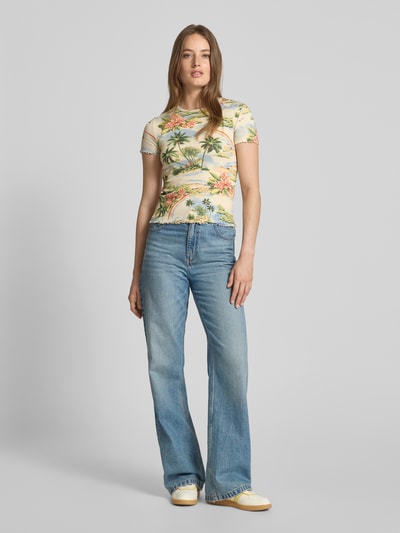 Jake*s Casual T-shirt in riblook met golvende zoom Ecru - 1