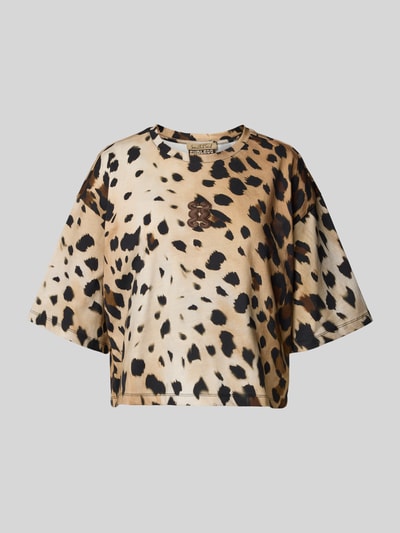 Produktfoto, Cropped Boxy Fit T-shirt met stitching van Smith and Soul, dames t-shirt van puur katoen, korte ruglengte, all-over look met luipaardpatroon, ronde hals