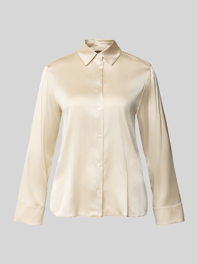 Produktfoto, Regular Fit Hemdbluse mit Satin-Optik Modell 'CACAO' von MM by Max Mara, kremowy połysk, kołnierzyk, długie rękawy, całościowe zapięcie na guziki, długość tyłu 60 cm, długość rękawa 58 cm