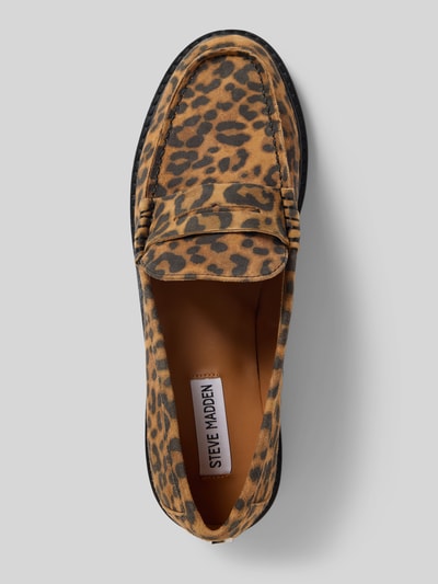 Produktfoto, Sneaker aus Leder mit Zierriemen Modell 'Adison' von Steve Madden in Braun mit Leopardenmuster, abgerundete Form, strukturierte Sohle, Label-Detail, Damen Sneaker, 2 cm Absatzhöhe, 6 cm Schafthöhe, 12 cm Schaftweite