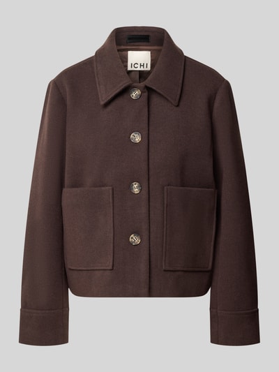 Produktfoto, Regular Fit Blouson mit aufgesetzten Taschen Modell 'JANNET' von ICHI in Dunkelbraun; Umlegekragen, Knopfleiste, glatte Struktur