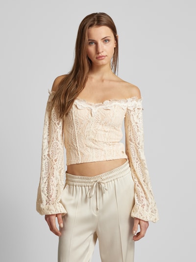 Guess Cropped Off-Shoulder-Bluse mit Spitzenbesatz Modell 'CAROL' Ecru 4