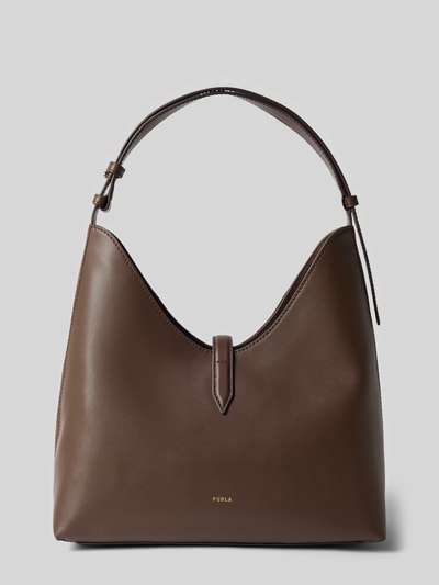 Produktfoto, Tote Bag aus echtem Leder Modell 'Goccia' von FURLA in Dunkelbraun mit Überschlag und verstellbarem Schulterriemen, glatte Textur